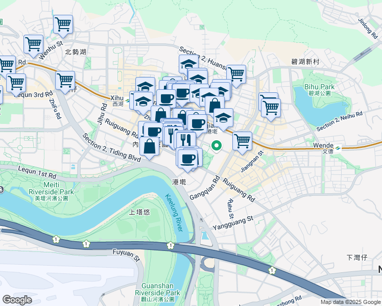 map of restaurants, bars, coffee shops, grocery stores, and more near 399 Ruiguang Road in Neihu District