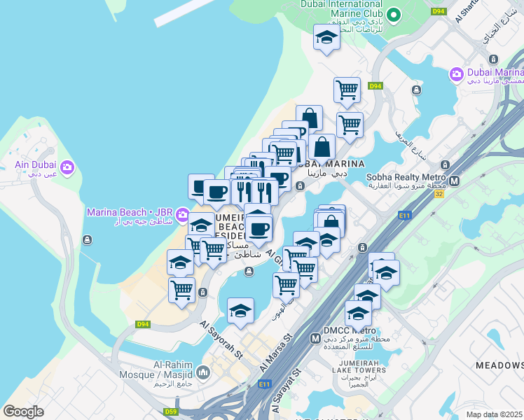 map of restaurants, bars, coffee shops, grocery stores, and more near D94 in Dubai