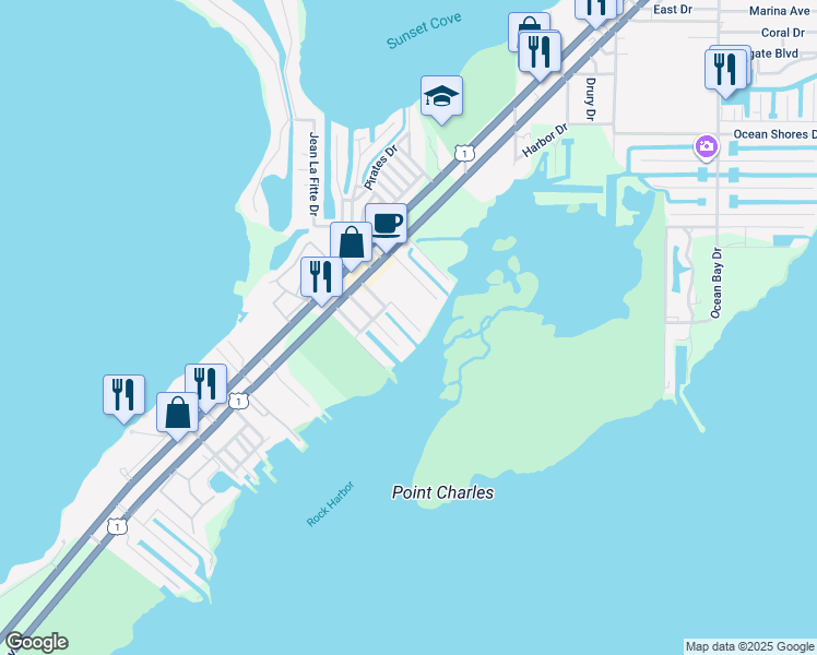 map of restaurants, bars, coffee shops, grocery stores, and more near 1212 Cactus Street in Key Largo
