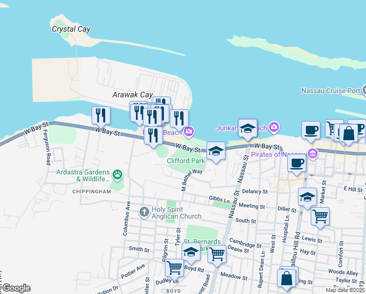 map of restaurants, bars, coffee shops, grocery stores, and more near West Bay Street in Nassau