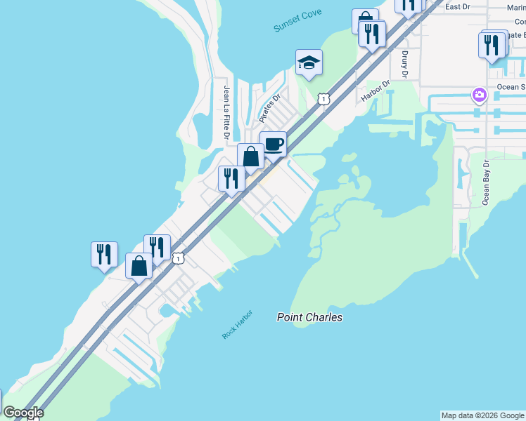 map of restaurants, bars, coffee shops, grocery stores, and more near 1112 Grand Street in Key Largo