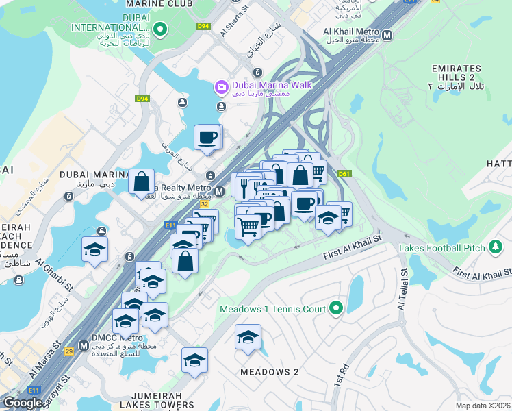 map of restaurants, bars, coffee shops, grocery stores, and more near Zayed Road - Pedestrian crossing 13 in دبي