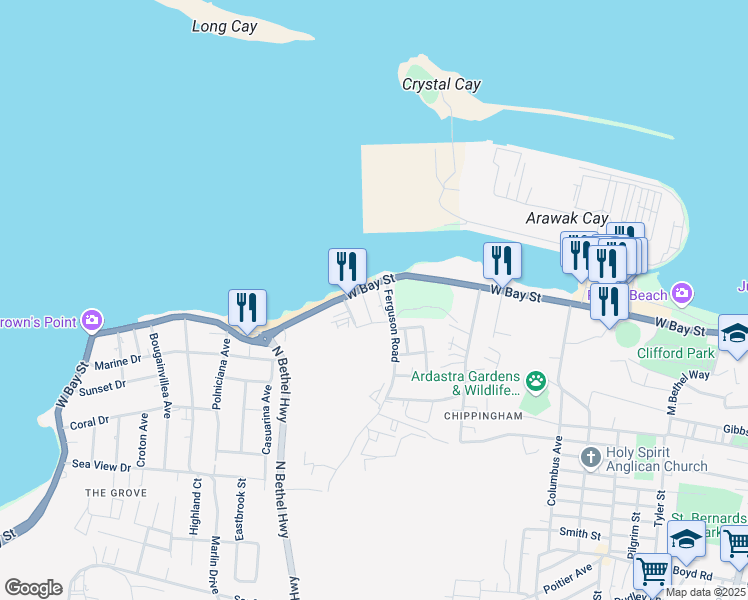 map of restaurants, bars, coffee shops, grocery stores, and more near West Bay Street in Nassau