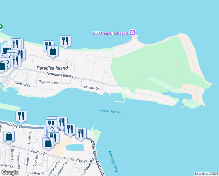 map of restaurants, bars, coffee shops, grocery stores, and more near Paradise Island Drive in Nassau
