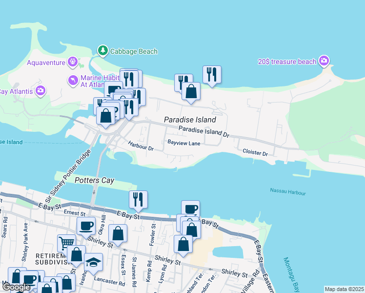 map of restaurants, bars, coffee shops, grocery stores, and more near in Paradise Island, The Bahamas, SP-60343