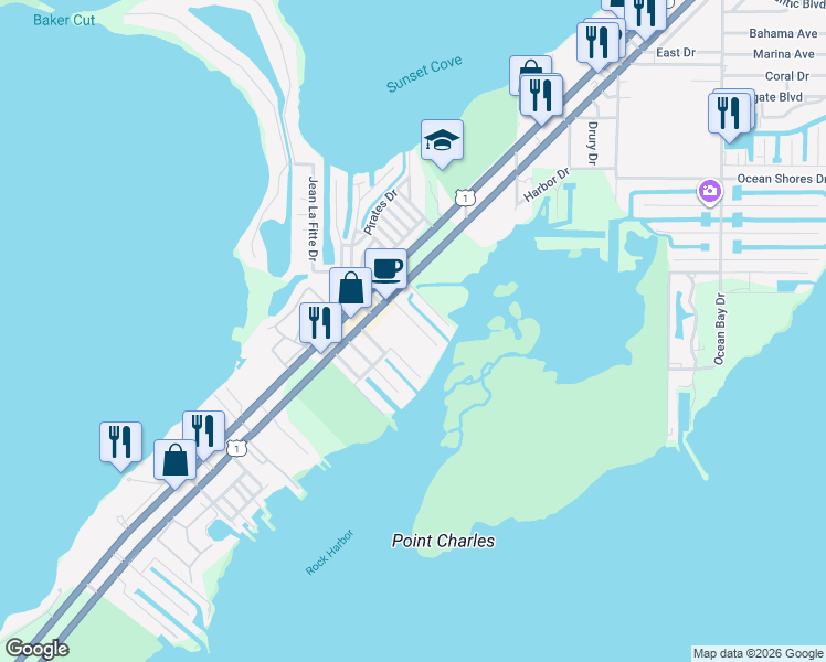 map of restaurants, bars, coffee shops, grocery stores, and more near 120 Coco Plum Road South in Key Largo