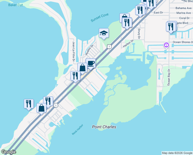 map of restaurants, bars, coffee shops, grocery stores, and more near 120 Coco Plum Road South in Key Largo