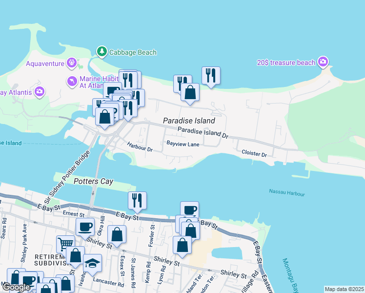 map of restaurants, bars, coffee shops, grocery stores, and more near in Paradise Island, The Bahamas, SP-60343