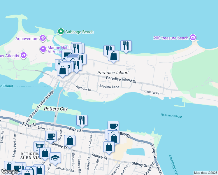 map of restaurants, bars, coffee shops, grocery stores, and more near in Paradise Island, The Bahamas, SP-60343