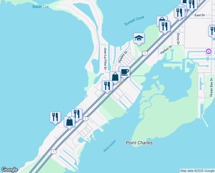 map of restaurants, bars, coffee shops, grocery stores, and more near 98342 Windward Avenue in Key Largo