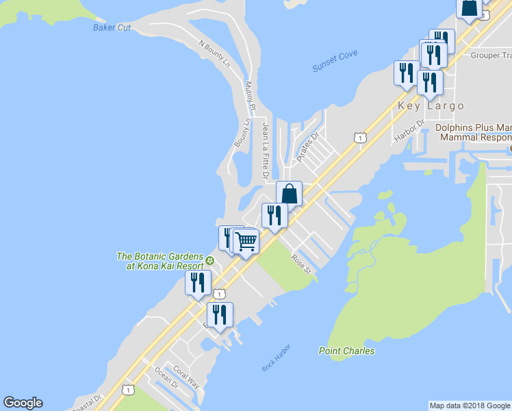 map of restaurants, bars, coffee shops, grocery stores, and more near 9800-9866 Leeward Avenue in Key Largo