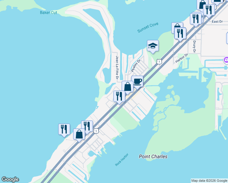 map of restaurants, bars, coffee shops, grocery stores, and more near 9846 Leeward Avenue in Key Largo