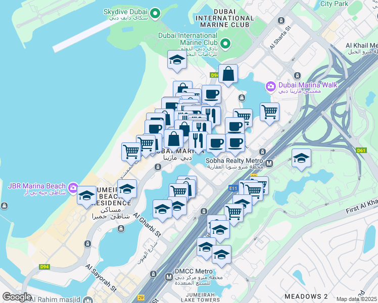 map of restaurants, bars, coffee shops, grocery stores, and more near Marina Promenade in Dubai