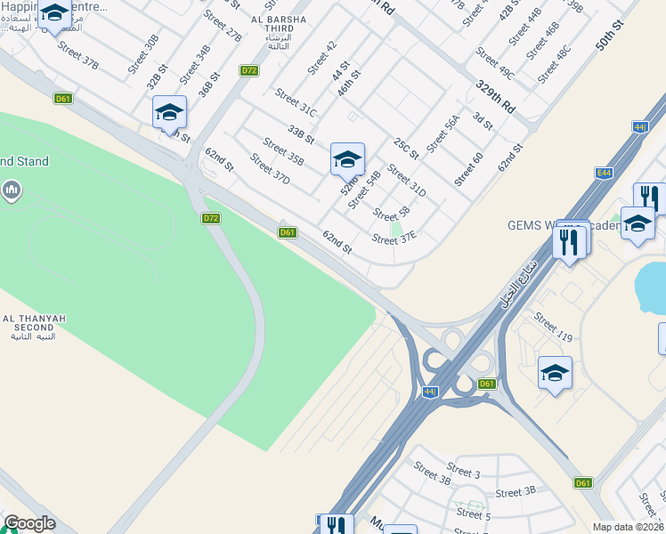 map of restaurants, bars, coffee shops, grocery stores, and more near Hessa Street in Dubai