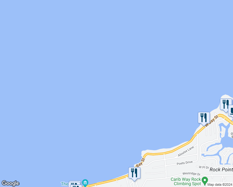 map of restaurants, bars, coffee shops, grocery stores, and more near West Bay Street in Nassau