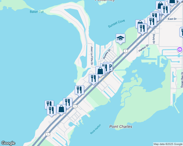 map of restaurants, bars, coffee shops, grocery stores, and more near 98342 Windward Avenue in Key Largo