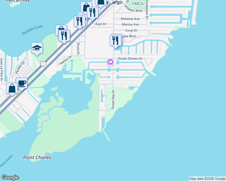 map of restaurants, bars, coffee shops, grocery stores, and more near 1528 Ocean Bay Drive in Key Largo