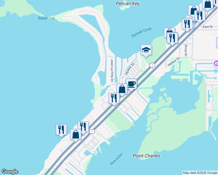 map of restaurants, bars, coffee shops, grocery stores, and more near 9846 Leeward Avenue in Key Largo