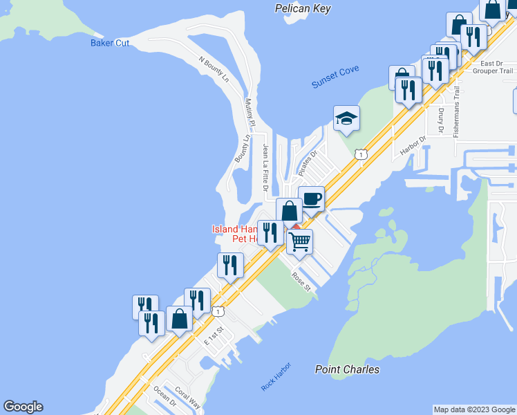 map of restaurants, bars, coffee shops, grocery stores, and more near 9846 Leeward Avenue in Key Largo