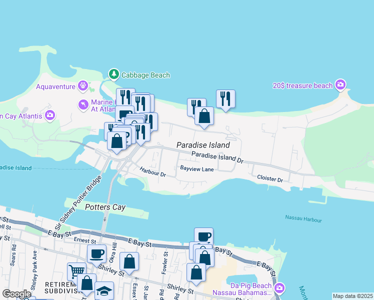 map of restaurants, bars, coffee shops, grocery stores, and more near Paradise Island Drive in Nassau