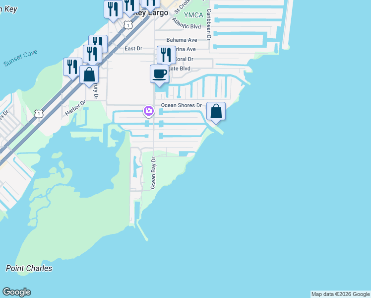 map of restaurants, bars, coffee shops, grocery stores, and more near 227 S Ocean Shores Dr in Key Largo