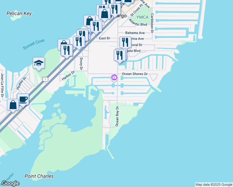 map of restaurants, bars, coffee shops, grocery stores, and more near 164 Ocean Bay Drive in Key Largo