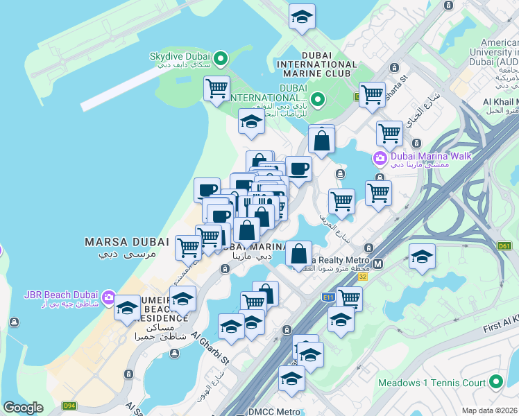 map of restaurants, bars, coffee shops, grocery stores, and more near Al Mamsha Street in Dubai