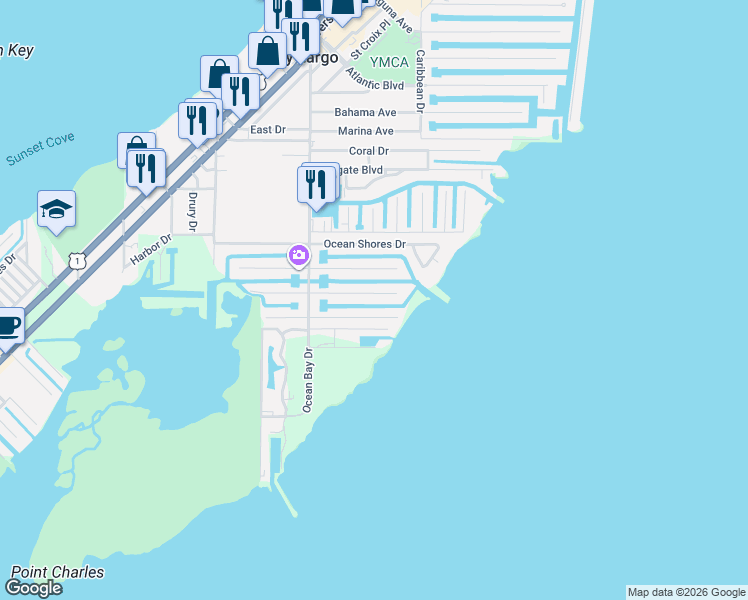 map of restaurants, bars, coffee shops, grocery stores, and more near 183 Lorelane Pl in Key Largo