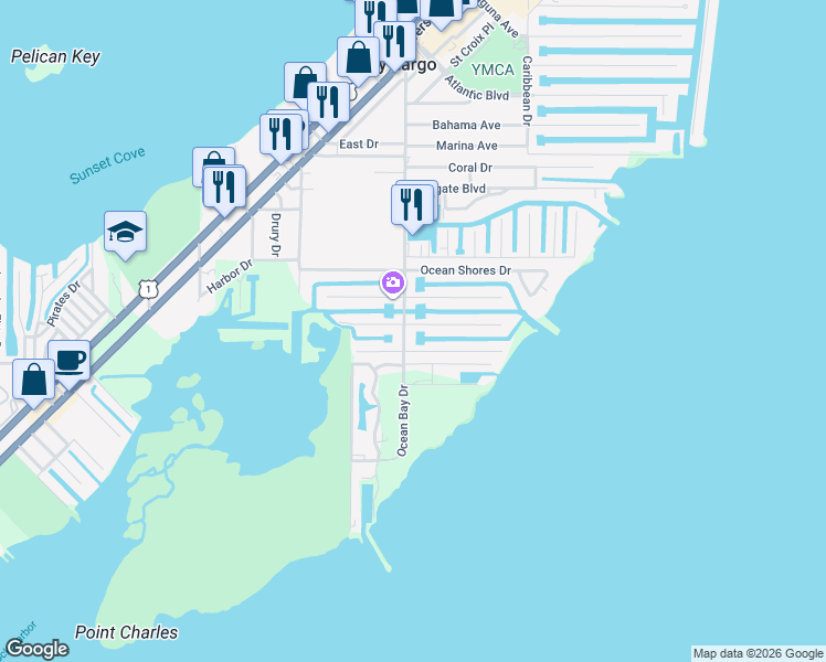 map of restaurants, bars, coffee shops, grocery stores, and more near 164 Ocean Bay Drive in Key Largo
