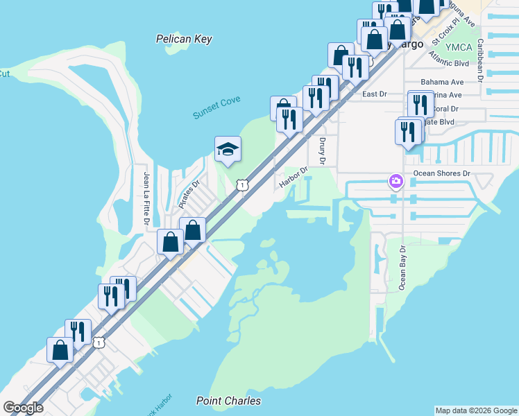 map of restaurants, bars, coffee shops, grocery stores, and more near 98675 Overseas Highway in Key Largo