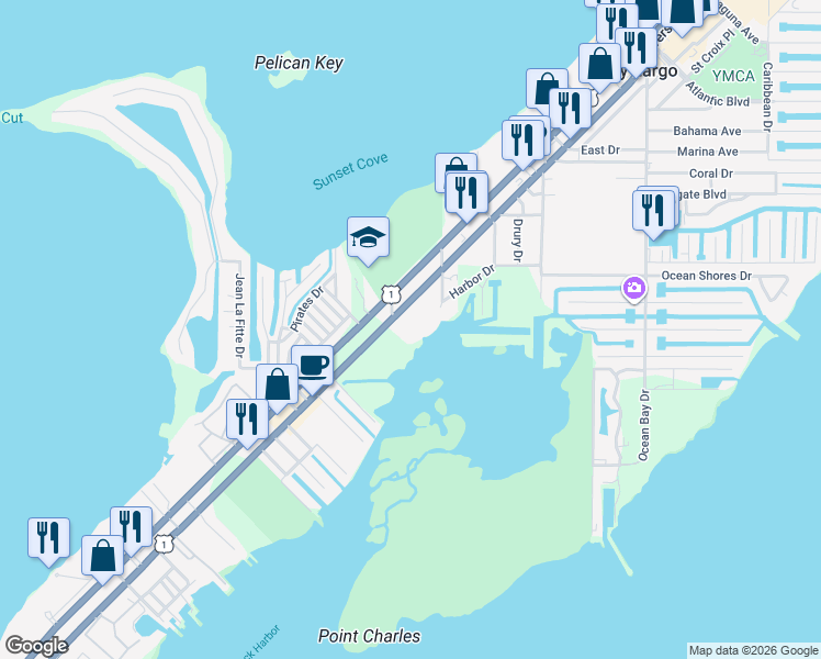 map of restaurants, bars, coffee shops, grocery stores, and more near 98675 Overseas Highway in Key Largo