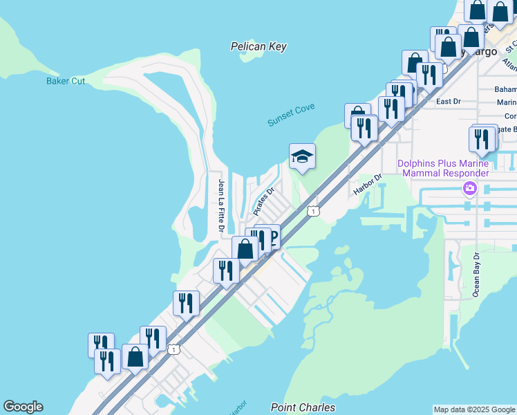 map of restaurants, bars, coffee shops, grocery stores, and more near 31 Pirates Drive in Key Largo