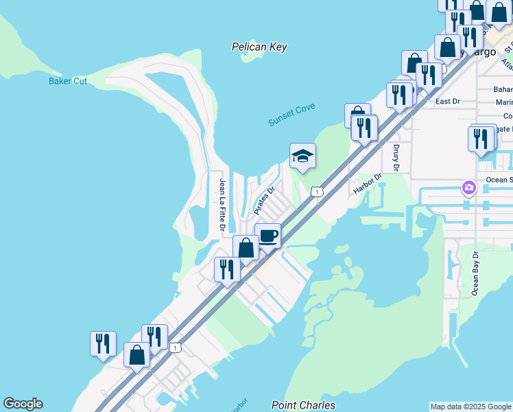 map of restaurants, bars, coffee shops, grocery stores, and more near 110 Long Ben Drive in Key Largo