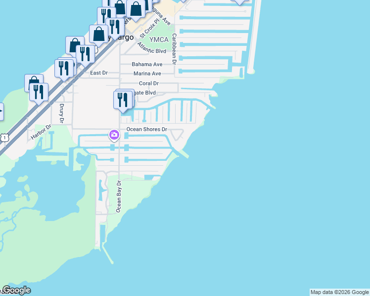 map of restaurants, bars, coffee shops, grocery stores, and more near 50 Ocean Front Drive in Key Largo