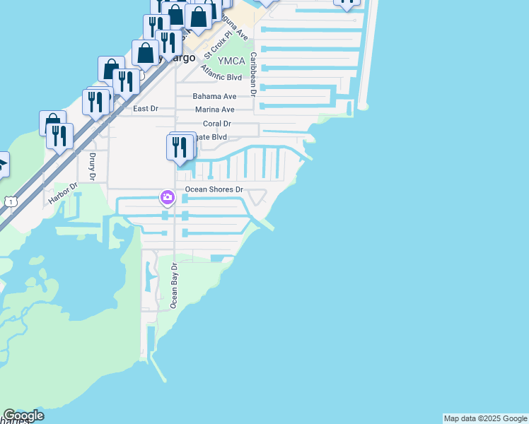 map of restaurants, bars, coffee shops, grocery stores, and more near 50 Ocean Front Drive in Key Largo