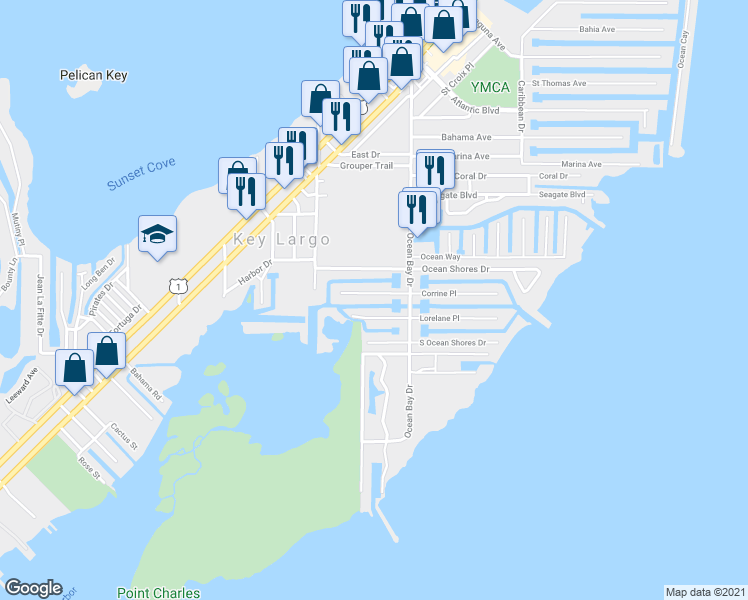 map of restaurants, bars, coffee shops, grocery stores, and more near 19 Corrine Place in Key Largo