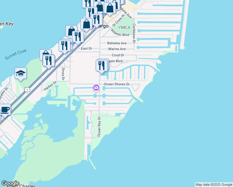 map of restaurants, bars, coffee shops, grocery stores, and more near 174 Corrine Place in Key Largo