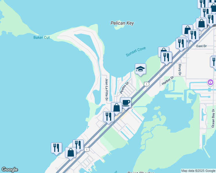 map of restaurants, bars, coffee shops, grocery stores, and more near 33 Jolly Roger Drive in Key Largo