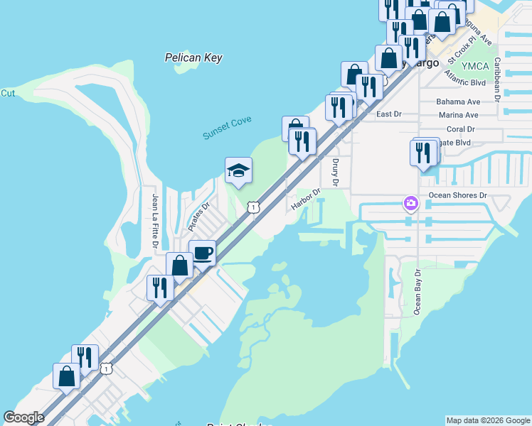 map of restaurants, bars, coffee shops, grocery stores, and more near 98675 Old State Road 905 in Key Largo