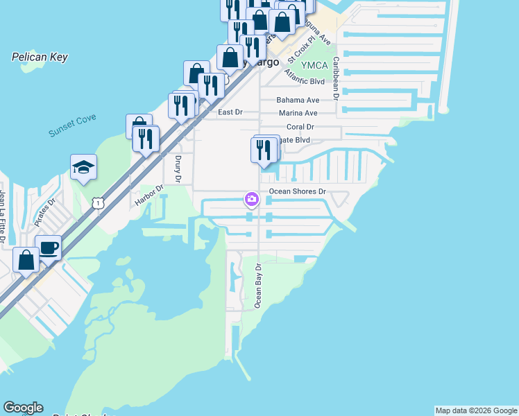 map of restaurants, bars, coffee shops, grocery stores, and more near 100 Corrine Place in Key Largo