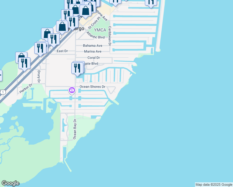 map of restaurants, bars, coffee shops, grocery stores, and more near 50 Ocean Front Drive in Key Largo