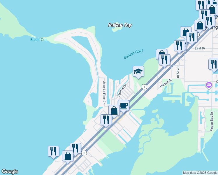 map of restaurants, bars, coffee shops, grocery stores, and more near 33 Jolly Roger Drive in Key Largo