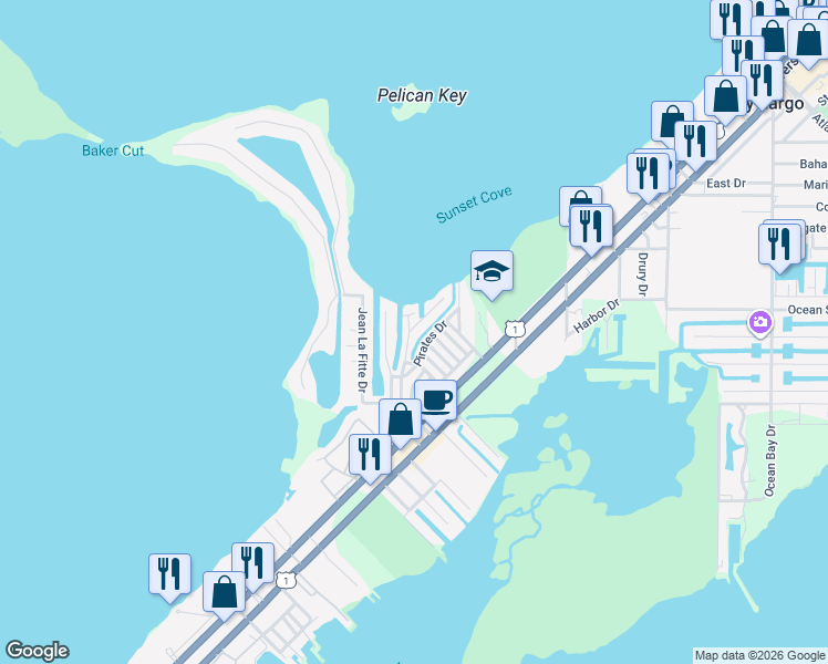 map of restaurants, bars, coffee shops, grocery stores, and more near 110 Long Ben Drive in Key Largo