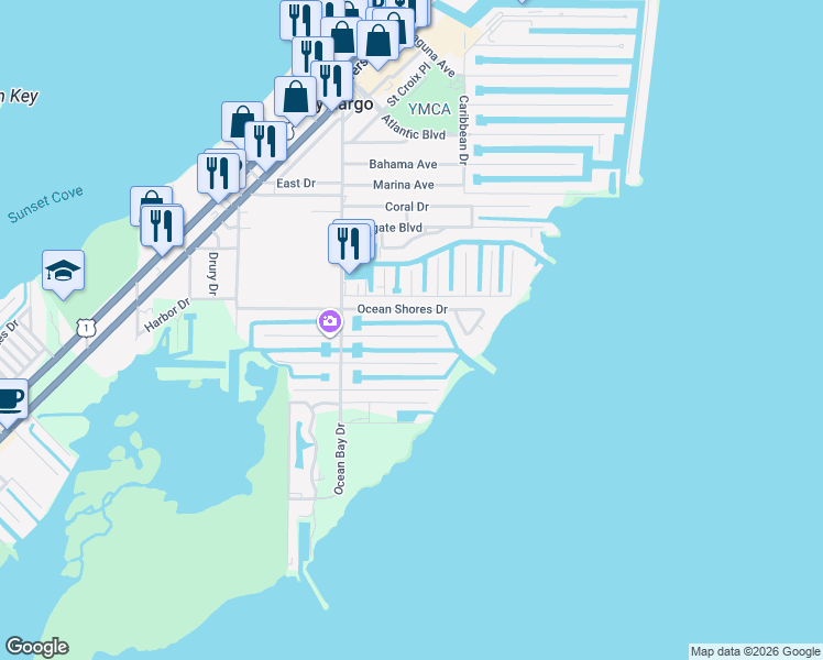 map of restaurants, bars, coffee shops, grocery stores, and more near 174 Corrine Place in Key Largo