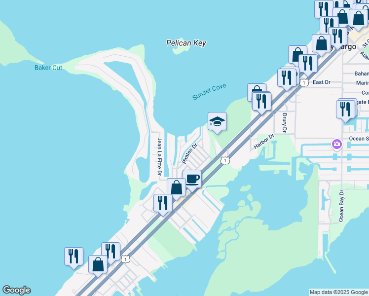 map of restaurants, bars, coffee shops, grocery stores, and more near 110 Long Ben Drive in Key Largo
