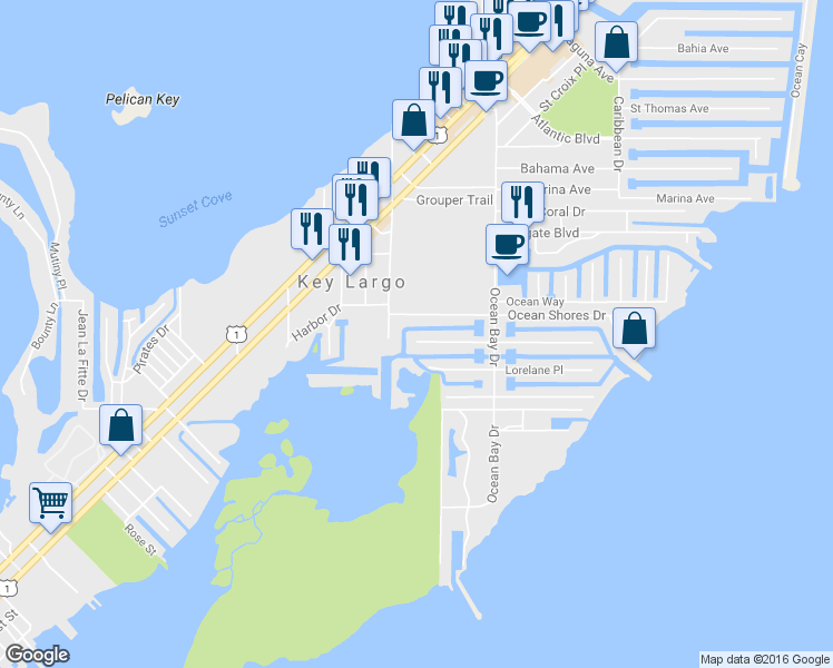 map of restaurants, bars, coffee shops, grocery stores, and more near 6 Corinne Place in Key Largo