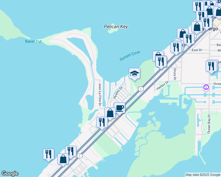 map of restaurants, bars, coffee shops, grocery stores, and more near 223 Anne Bonny Drive in Key Largo