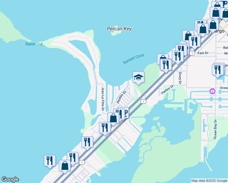 map of restaurants, bars, coffee shops, grocery stores, and more near 110 Long Ben Drive in Key Largo