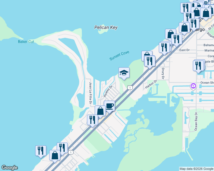 map of restaurants, bars, coffee shops, grocery stores, and more near 110 Long Ben Drive in Key Largo