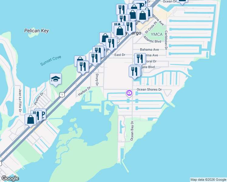 map of restaurants, bars, coffee shops, grocery stores, and more near 113 Ocean Shores Drive in Key Largo